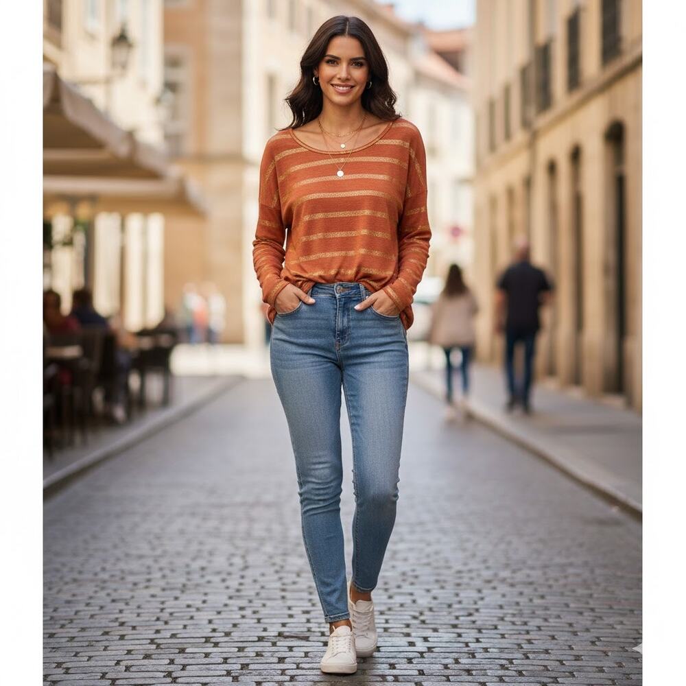 Loft Outlet Long Sleeve Rose Gold Metallic Stripe Shirt